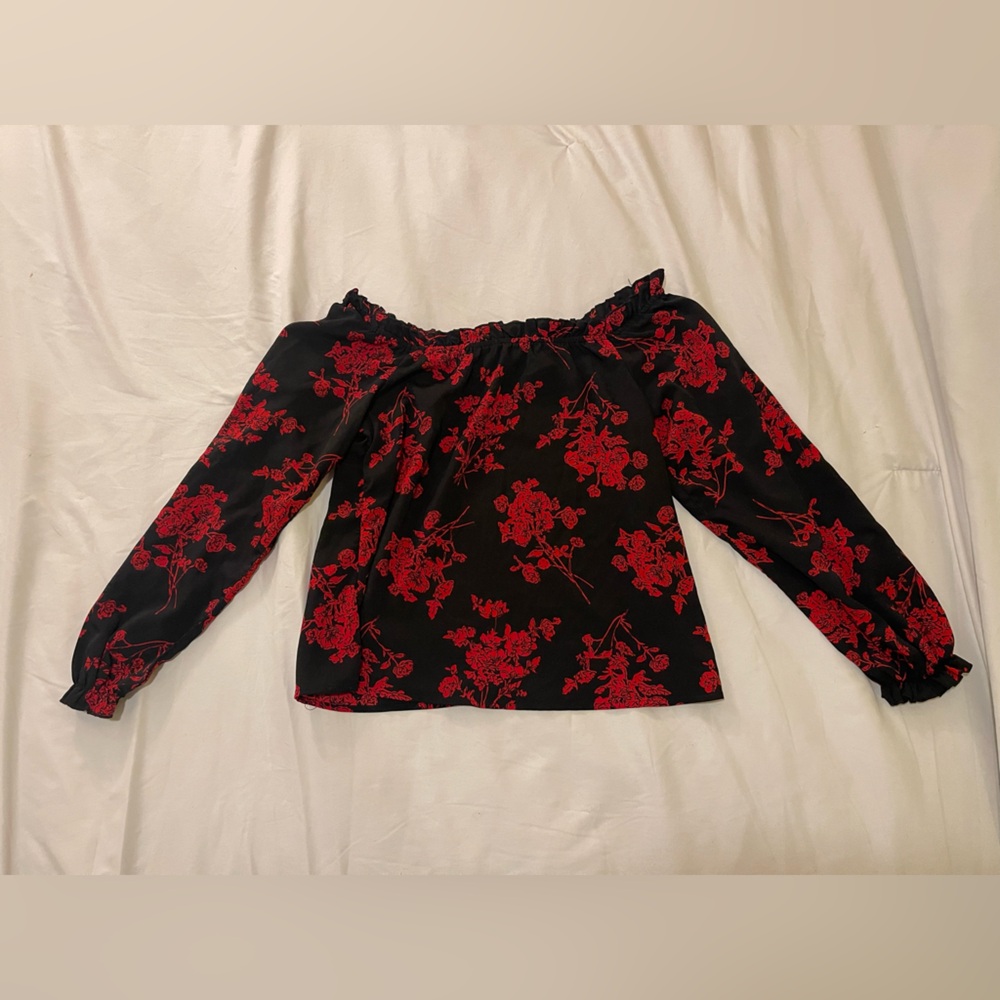 SHEIN Black Off Shoulder Top with Red Floral Design